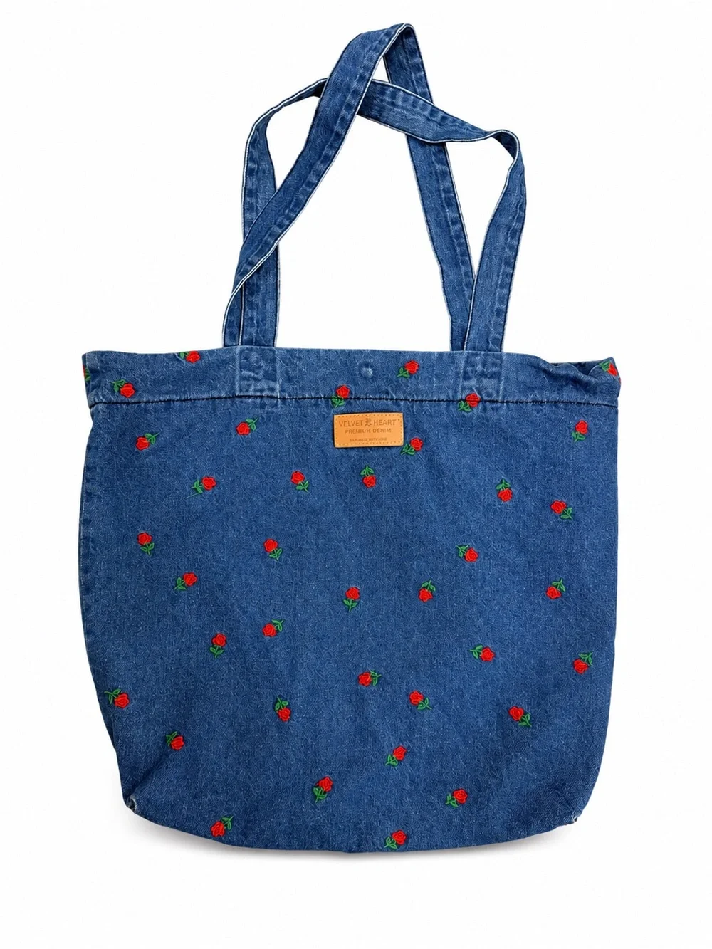 Denim Rose Embroidered Tote Bag - Blue